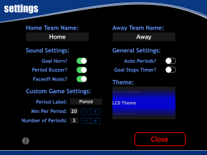 JD Hockey Scoreboard for iPad - Settings Screen